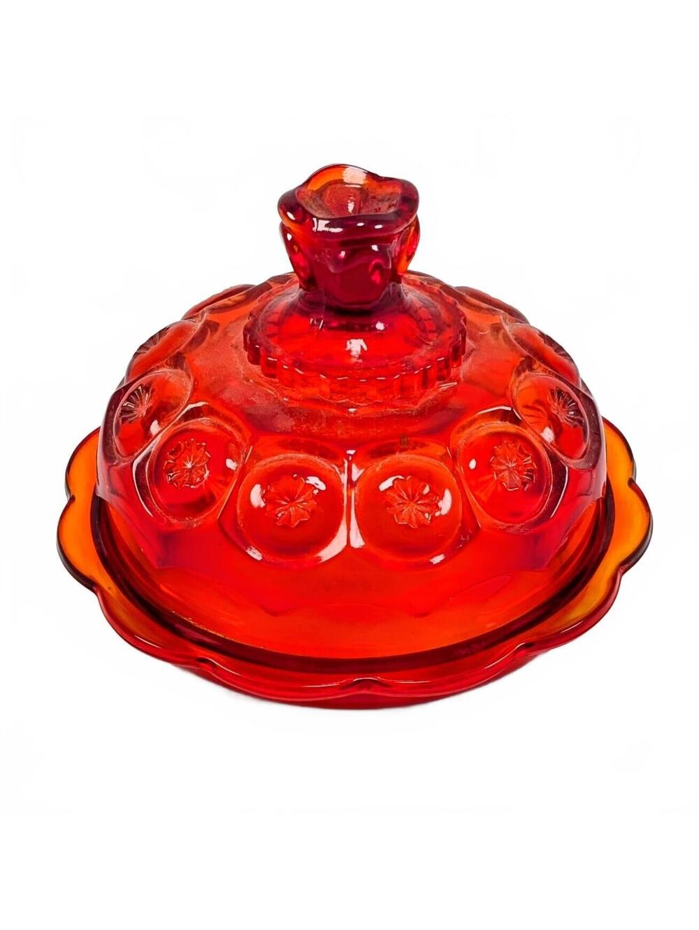 L.E. Smith Moon & Stars Amberina Cheese Butter Dish - glows!
